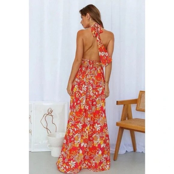 Floral Print Sleeveless V-Neck Halter Neck Backless Front Slit Cutout Maxi Dress - Picture 9 of 14